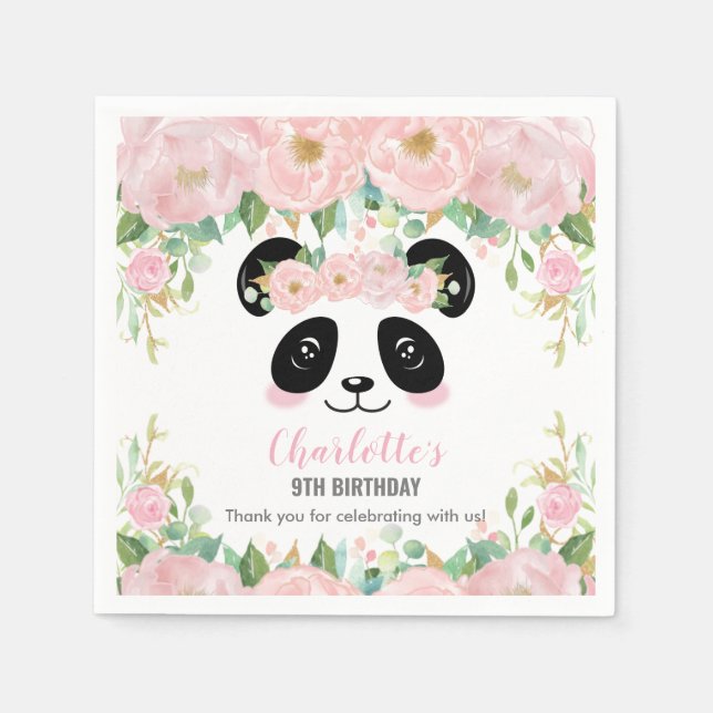Pink Floral Niedlich Panda Birthday Baby Party Serviette (Vorderseite)
