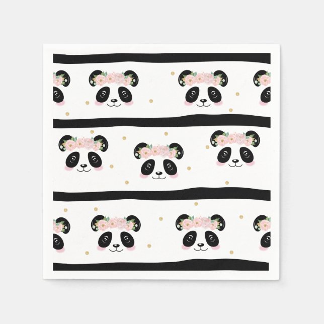 Pink Floral Niedlich Panda Birthday Baby Party Serviette (Vorderseite)