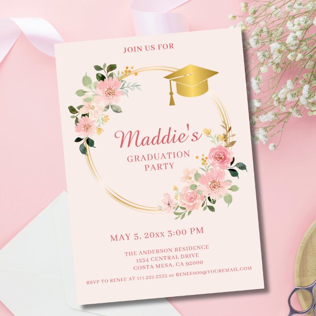 Pink Floral non photo Graduation Party Invitation (Créateur téléchargé)