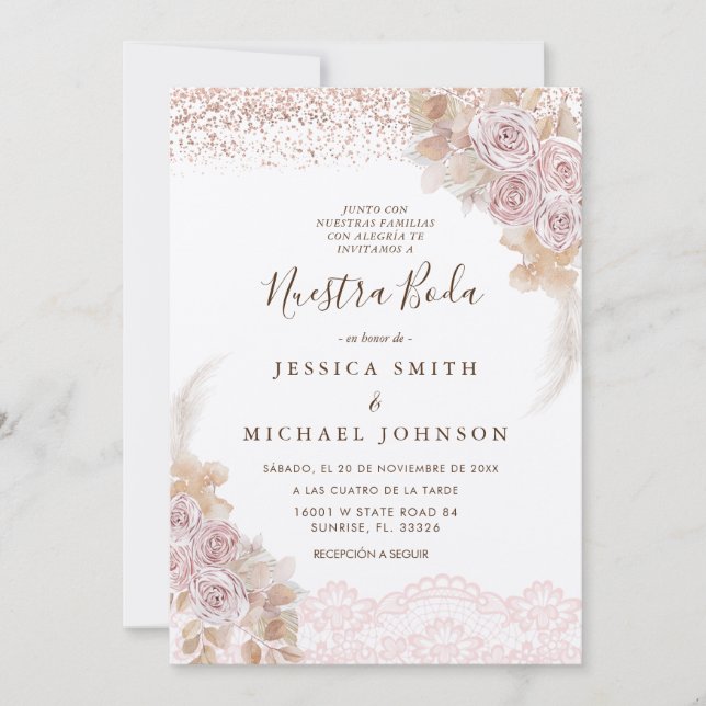 Pink Floral Nuestra Boda Spanische Hochzeit Einladung (Vorderseite)