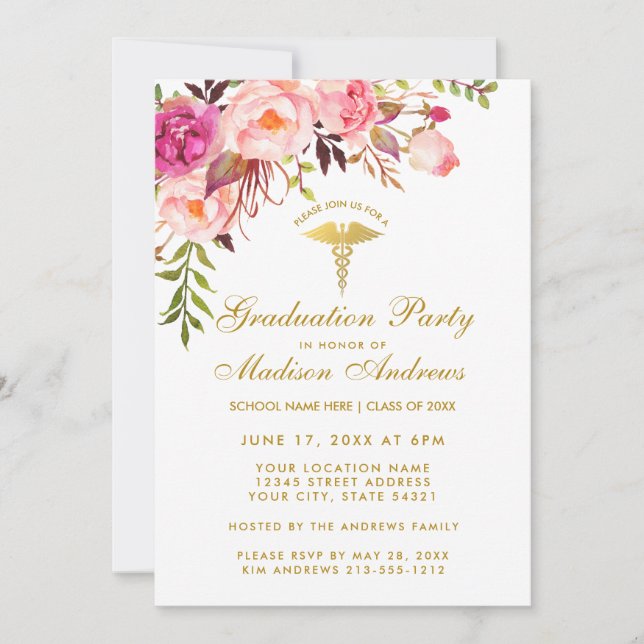 Pink Floral Nurse Graduation Party Einladung G (Vorderseite)