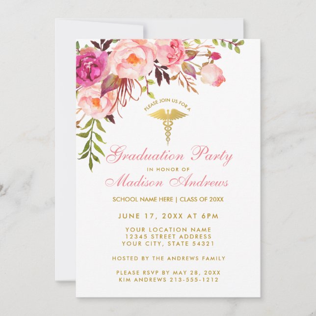 Pink Floral Nurse Graduation Party Invitation P (Devant)