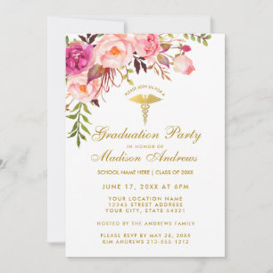 Pink Floral Nurse Invitation de la fête de graduat