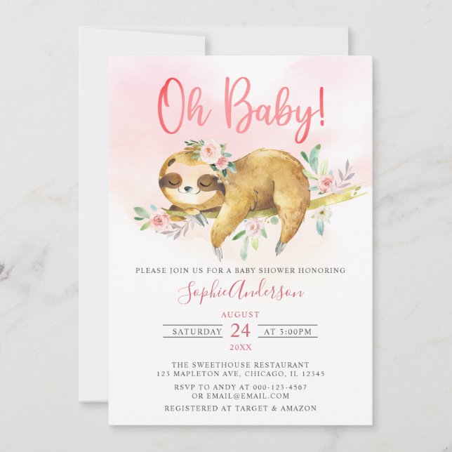 Pink Floral Oh Baby Girl Niedlich Sloth Babydusche Einladung (Vorderseite)