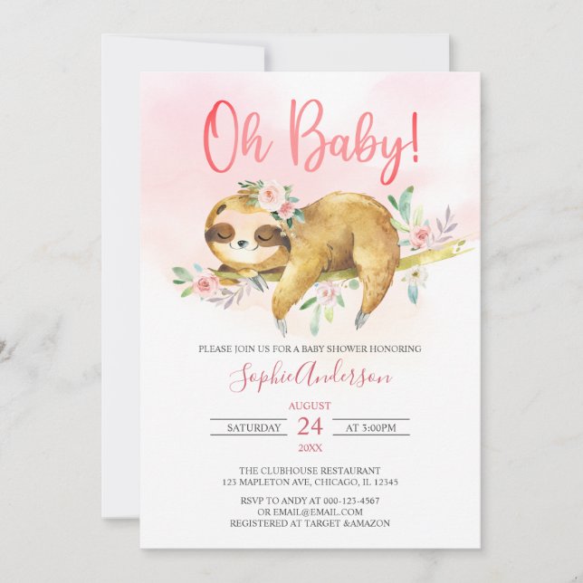 Pink Floral Oh Baby Girl Niedlich Sloth Babydusche Einladung (Vorderseite)