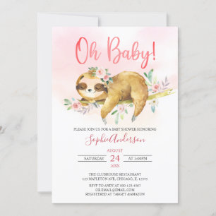 Pink Floral Oh Baby Girl Niedlich Sloth Babydusche Einladung