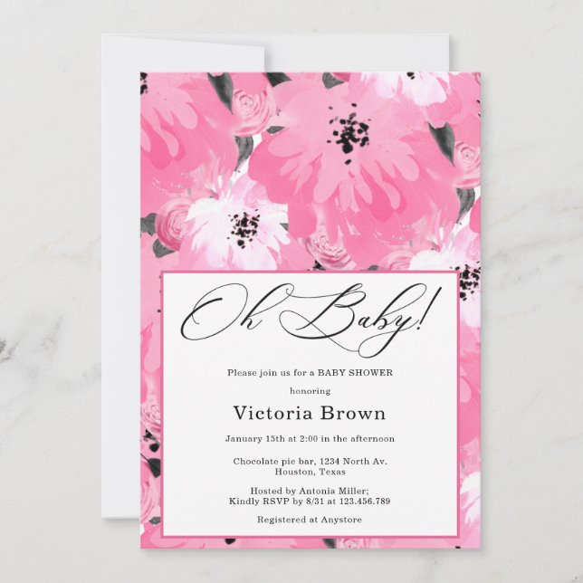 Pink Floral Oh Baby Shower Invitation (Devant)