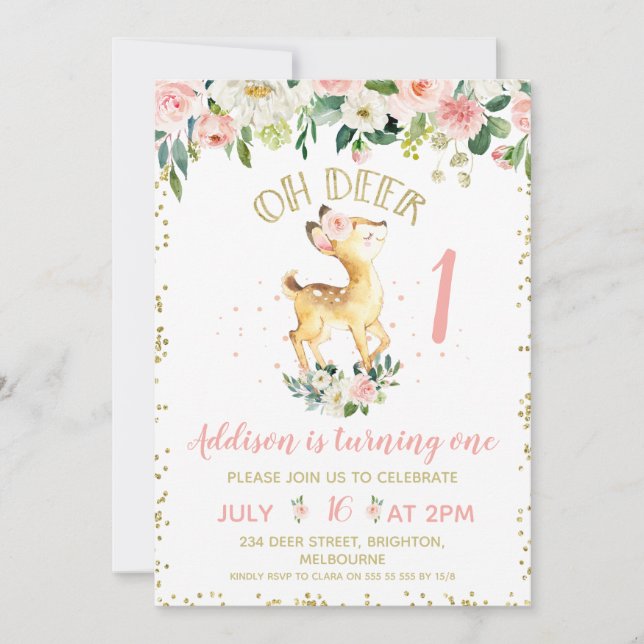Pink Floral Oh Deer Anniversaire Fête Invitation (Devant)