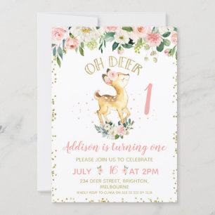 Pink Floral Oh Deer Anniversaire Fête Invitation