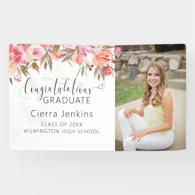 Pink Floral One Foto Calligraphy Abschluss Banner (Horizontal)