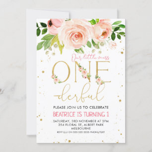 Pink Floral Onederful Girls Einladung Geburtstag