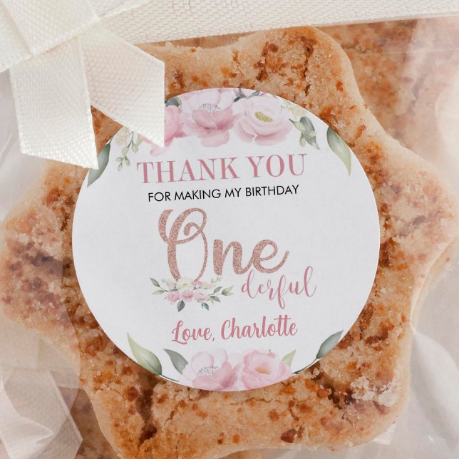 Pink Floral Onederful Labels Birthday Baby Dusche Runder Aufkleber (Von Creator hochgeladen)