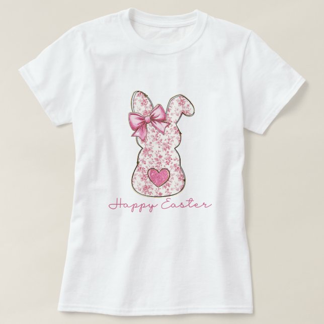 Pink Floral Ostern Bunny Coquette Bow T-Shirt (Design vorne)