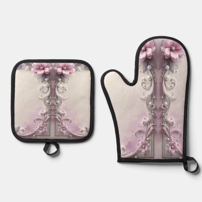 Pink Floral Oven Mitt & Pot Holder Set (Vorderseite)