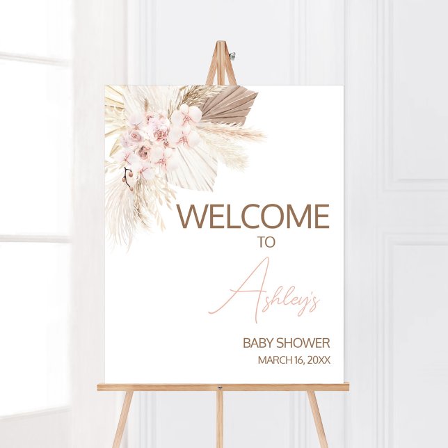 Pink Floral Pampas Boho Babydusche Empfang Poster (Girl Pampas Grass Baby Shower Welcome Sign)