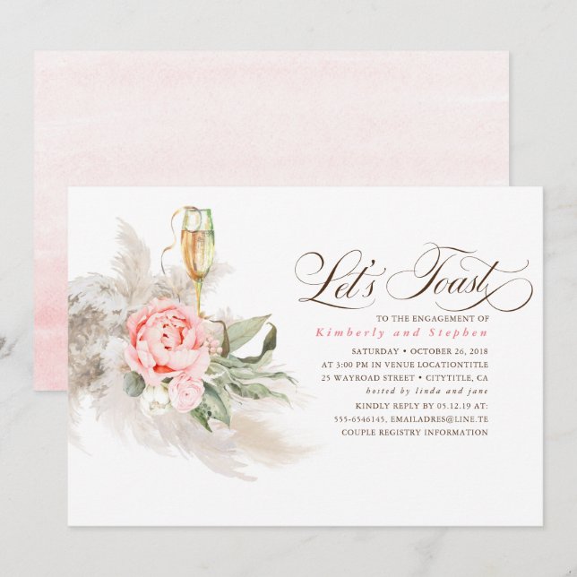 Pink Floral Pampas Gras Grüne Engagement Partei Einladung (Vorne/Hinten)