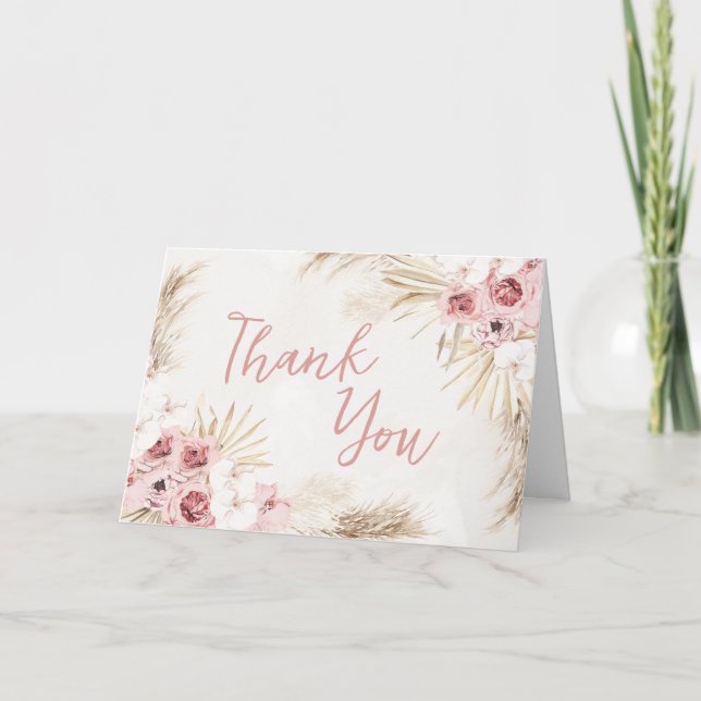 Pink Floral Pampas Grass Baby Dusche Dankeskarte (Vorderseite)