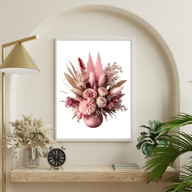 Pink Floral Pampas Grass Boho Blume in Vase Poster (Pink Floral Boho Pampas Grasses Wall Art Print)