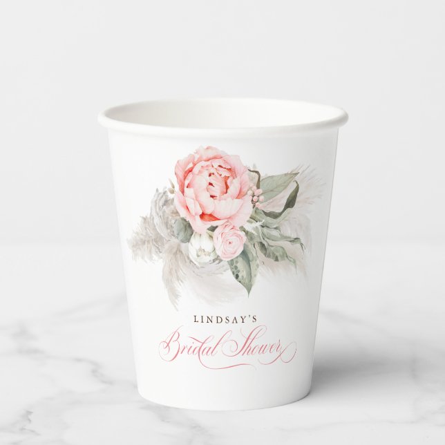 Pink Floral Pampas Grass Brautparty Boho Pappbecher (Rückseite)
