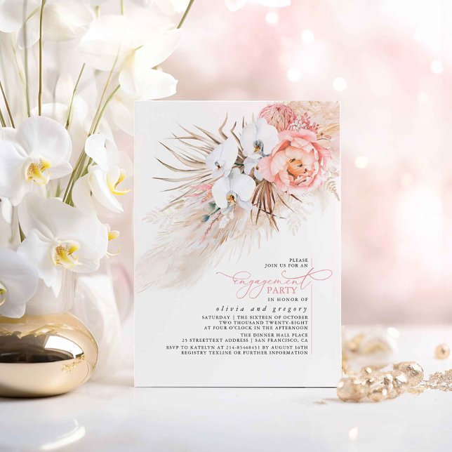 Pink Floral Pampas Grass Engagement Party Einladung (Boho Floral Pink Engagement Party Invitations)