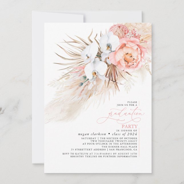 Pink Floral Pampas Grass Graduation Party Einladung (Vorderseite)