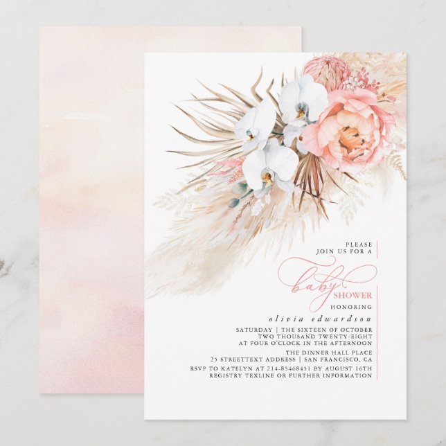 Pink Floral Pampas Grass Kinderdusche Einladung (Vorne/Hinten)