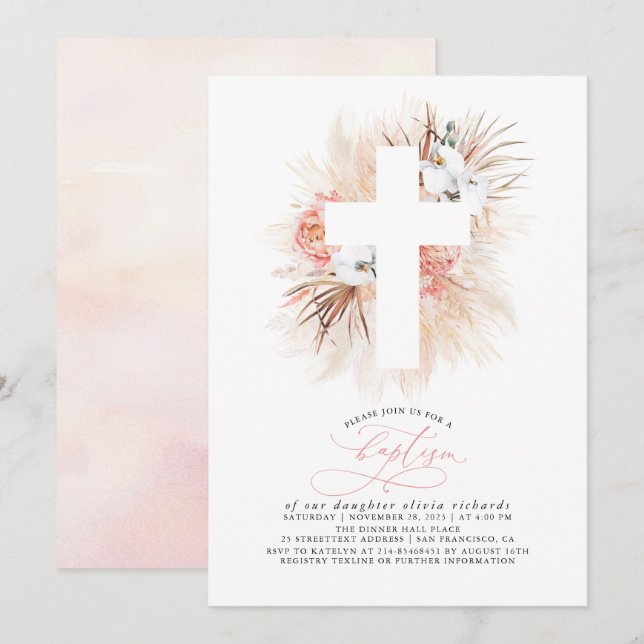 Pink Floral Pampas Grass Modern Girls Taufe Einladung (Vorne/Hinten)