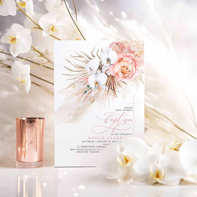 Pink Floral Pampas Grass Moderne Taufe Einladung (White Orchids Pink Flowers and Pampas Grass Boho Baptism Invitations)