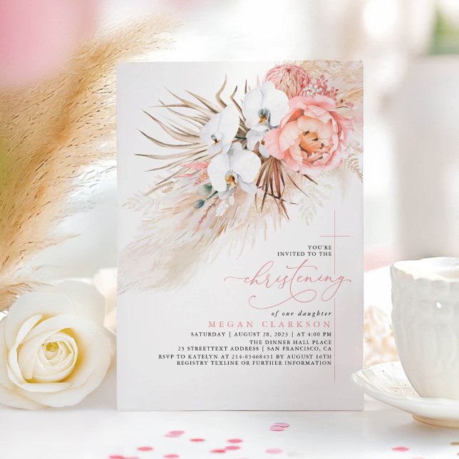 Pink Floral Pampas Grass Moderne Weihnachten Einladung (Pink Floral Christening Invitation)