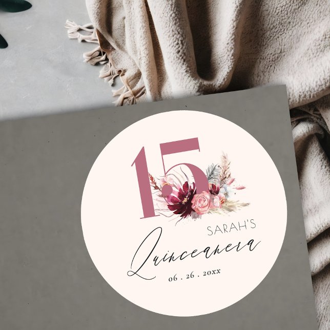 Pink Floral Pampas Grass Quinceanera 15. Geburtsta Runder Aufkleber (Von Creator hochgeladen)