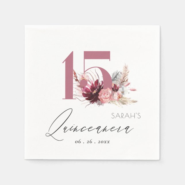 Pink Floral Pampas Grass Quinceanera 15. Geburtsta Serviette (Vorderseite)