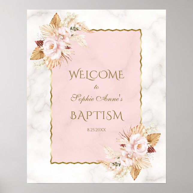 Pink Floral Pampas Grass Taufe Begrüßungszeichen Poster (Vorne)