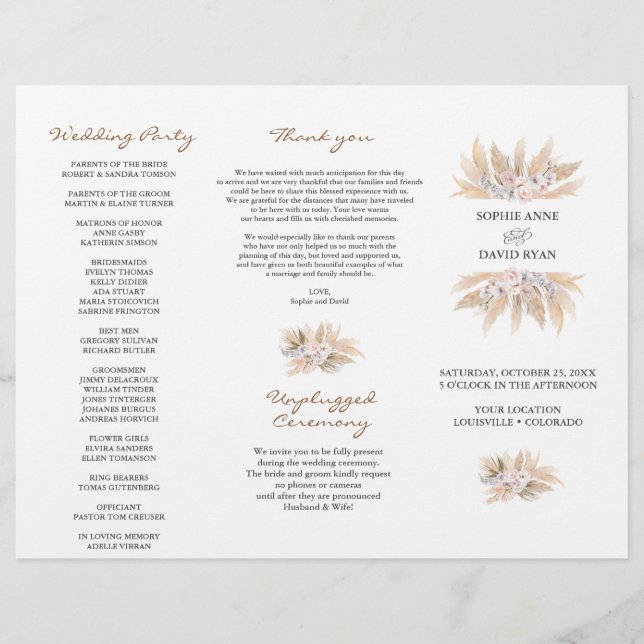 Pink Floral Pampas Grass Tri+Falten Hochzeitsprogr Flyer (Vorne)
