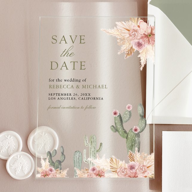 Pink Floral Pampas Kactus Wedding Save the Date Acryleinladungen (Von Creator hochgeladen)