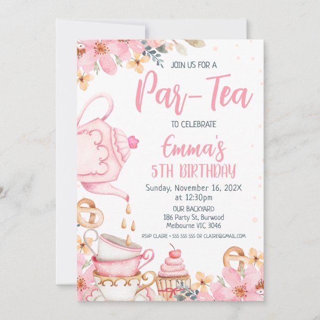 Pink Floral Par tea Invitation Anniversaire (Devant)