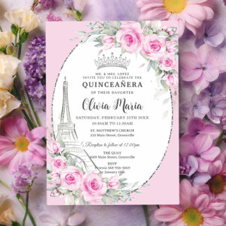 Pink Floral Paris Schmetterlinge Quinceañera Süß 1 Einladung