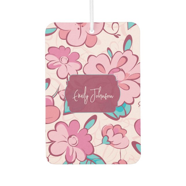 Pink Floral Pattern Custom Name Autolufterfrischer (Vorderseite)