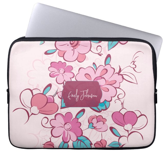 Pink Floral Pattern Name Label Design Custom Name Laptopschutzhülle (Vorderseite)
