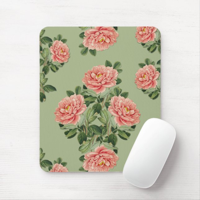 Pink Floral Pattern on Green Background | Seamless Mousepad (Mit Mouse)