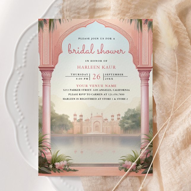 Pink Floral Peacocks Indian Palace Brautparty Einladung (Von Creator hochgeladen)
