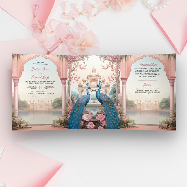 Pink Floral Peacocks Royal Indian Palace Wedding Dreifach Gefaltete Einladung (Von Creator hochgeladen)