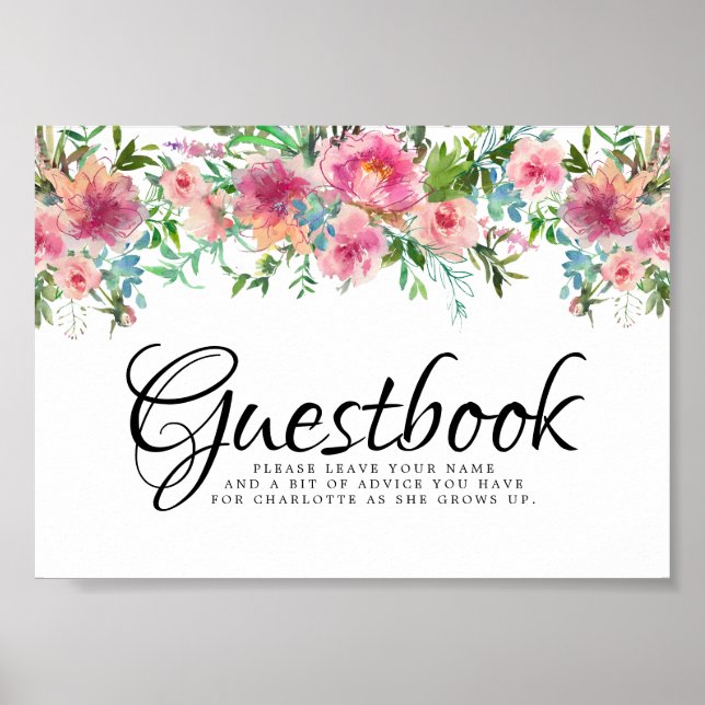 Pink Floral Peoney Christening Gästebuchunterschri Poster (Vorne)