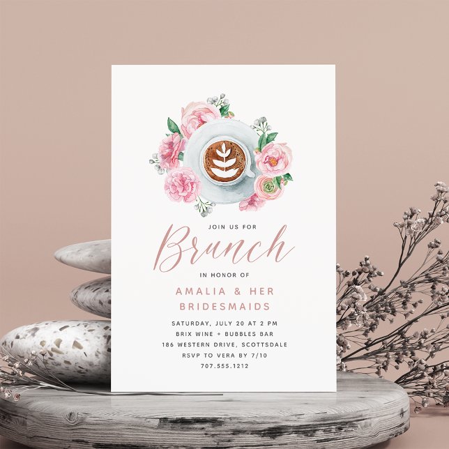 Pink Floral Peony & Coffee Bridesmaids Brunch Einladung (Von Creator hochgeladen)