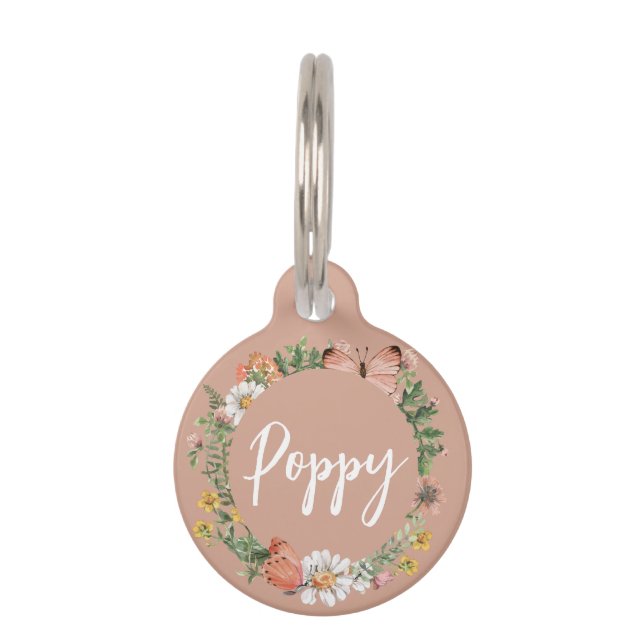 Pink Floral Personalisiert Name Haustiermarke (Vorderseite)