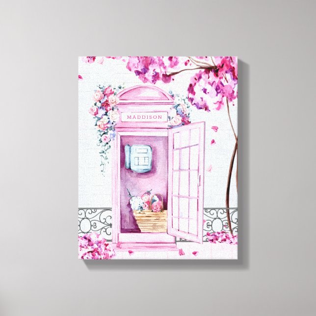 Pink Floral Phone Booth Personalisiert Leinwanddruck (Vorderseite)