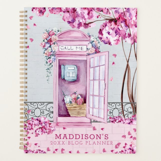 Pink Floral Phone Booth Personnalisé Blog Planner (Devant)