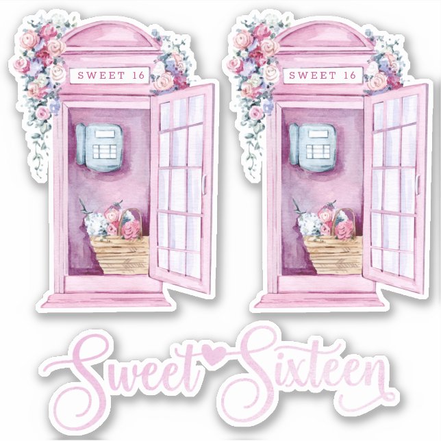 Pink Floral Phone Booth | Süß 16 Aufkleber (Vorderseite)