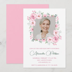 Pink Floral Photo 81e anniversaire invitations
