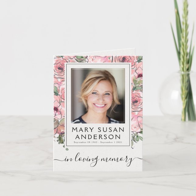 Pink Floral Photo Funeral Memorial Merci note (Devant)