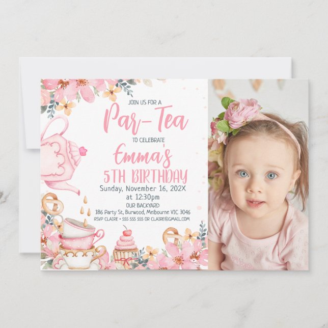 Pink Floral Photo Par tea Anniversaire Invitation (Devant)